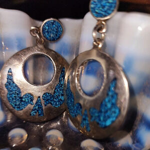Vintage Mexican silver‎ turquoise inlay hoop earrings